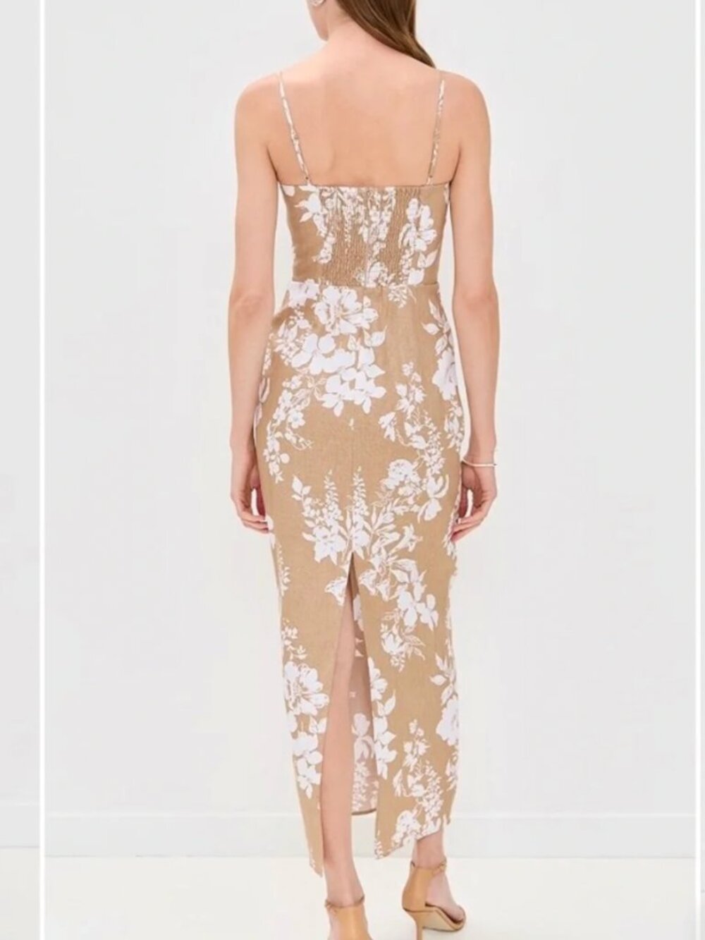 BEST Reformation Frankie Linen Midi Dress - Dune Tan White Floral Wedding - Picture 2 of 11